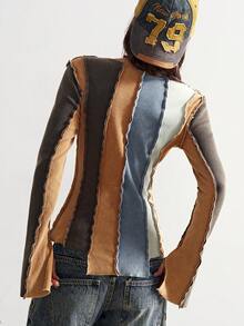 Bohemela 休闲针织弹力撞色圆领长袖女式T恤，纯色针织，百搭领口设计，修身水洗长袖女式T恤，秋季女装 - 彩色 - 查看 7