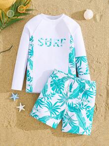 SHEIN 两件套男童休闲运动泳衣，上衣采用假日风格图案，泳裤可调节，适合儿童户外游泳、沙滩玩耍、度假穿着，春、夏、秋、冬四季皆宜。 - 藍色 - 查看 4