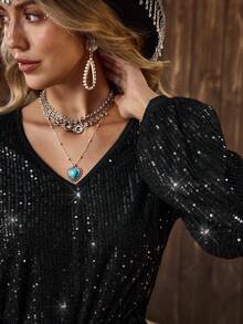 Women's Western V-Neck Tie Lantern Sleeve Sequin Long Sleeve Shirt "LanaWest" - Black - View 6