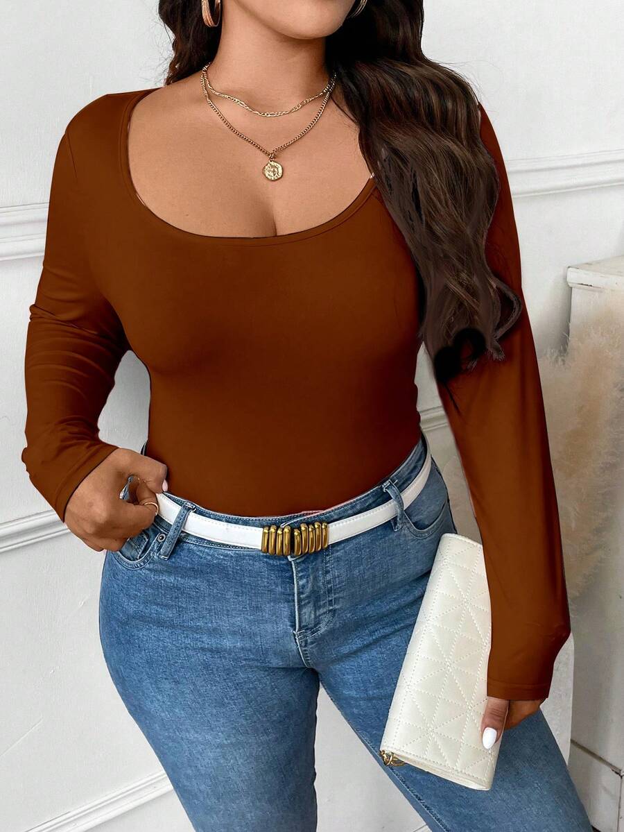 Elenzga Camiseta casual versátil de manga larga, cuello de pico y ajuste ceñido en unicolor para mujer de talla grande - Marrón - Ver 1