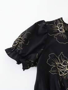 SHEIN ChillGRL 少女度假海滩乡村热带夏季树叶碎花方领泡泡袖腰带连衣裙