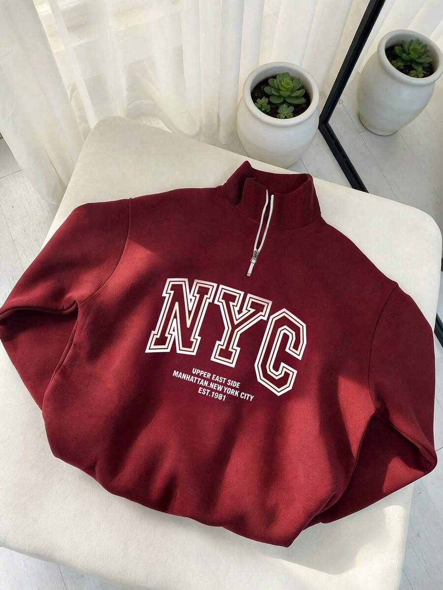 Almamuse Moletom feminino plus size com gola alta, zíper frontal, estampa de letras, estilo casual e versátil para o dia a dia. Manga longa. - Borgonha - Ver 1