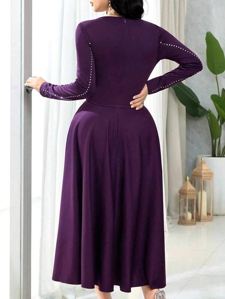 Feyla Vestido elegante de manga larga con cuello redondo y decoración de rhinestones, de largo medio para mujer - Morado - Añade 4