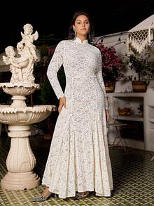 VOLUPTÉ CURVE Đầm dài tay ôm eo màu trắng ngà/kem dệt kim ren rỗng cổ điển thanh lịch, cỡ lớn, phù hợp cho ngày Valentine, mùa xuân/hè. - Màu be - Xem 6