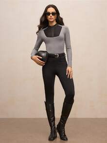 Activina Women's Contrast Color Long Sleeve Stand Collar Equestrian Top Long Sleeve Workout Top Mesh Work Out Top Active Wear For Women Gym Shirt Women Long Sleeve Rash Guard Women Top Ralphlauren  Knitted Fabric - Grey - View 8