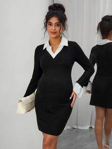 Momance Maternity Casual Black & White Patchwork Long Sleeve Dress - Black and White - View 6