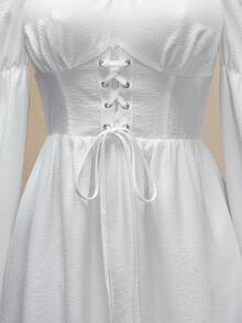 Franclia Women's Western Style Puff Sleeve Waist Tie Back Cutout Mini Dress, Vacation & Travel - White - View 2