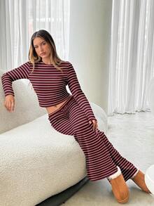 Aloruh Bộ đồ ngủ mặc nhà thường ngày dành cho nữ, gồm áo thun sọc cổ tròn tay dài và quần sọc ống đứng thoải mái, thích hợp mặc hàng ngày, chơi thể thao, thu/đông - Nhiều màu - Xem 4