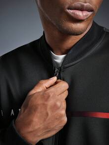 Driftmere 男士巴黎字母图形和彩色条纹印花飞行员夹克，配有松紧腰慢跑裤 2 件套，适合春秋季休闲户外日常穿着 - 黑色 - 查看 7