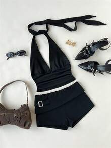 Elamini 休闲低腰紧身裤，拉链闭合，适合春秋季穿着 - 黑色 - 查看 3