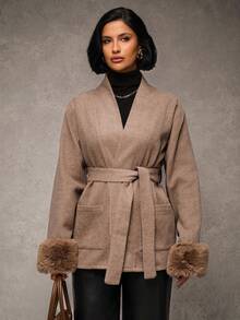 EURMUSE Abrigo de lana y mezcla con cinturón en color visón, con puños de piel sintética, bolsillos grandes, cuello de chal y estilo de ropa de abrigo de invierno para mujer - Café integral - Ver 9