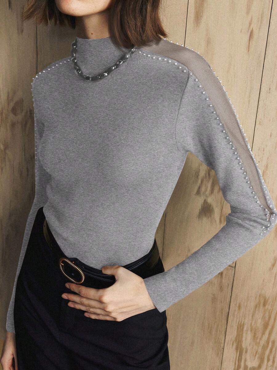 Revavyn Revavyn Women's Slim Fit Turtleneck Sweater With Shoulder Mesh Cutout And Pearl Beaded Design, Suitable For Daily Commute New Year - Dark Grey - View 1
