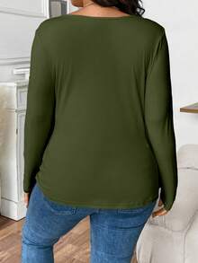 Elenzga 大码女式纯色圆领长袖修身休闲百搭T恤 - 軍綠色 - 查看 2