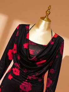DreamSkyne Plus Size Women's Black And Red Floral Print Maxi Dress,Elegant Long Sleeve Cowl Neck Mermaid Gown,Milk Silk Rose Dress For Autumn Party,Gatherings - Black - View 6
