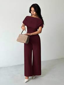 SHEIN PETITE Women's Summer New Arrival Simple Elegant Daily Casual Linen Commuter Wide Collar Off Shoulder Blouse And Wide Leg Pants Suit Wide Leg Pantsuit - Burgundy - View 2