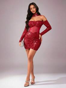 Coutiva Women's Sequin Off Shoulder Long Sleeve Mesh Ruffle Fitted Cocktail Party Dress,Luxury Evening Gown,Pearl Cuff Design,Formal Wedding Guest Graduation - Red - View 3