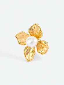 Opalesca 1 Pc Fashionable & Elegant Flower Pearl Inlaid Women Brooch Pin, Suitable For Coat,Outfits,Old Money,Wedding/Bridal Accessories,Western Jewelry,Fairycore/Fairy,Charm Necklace,Pearl,Elegant,For Mom/Women/Girl/Mother - Gold - View 2