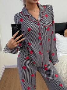 SHEIN 荷叶边条纹草莓花边开衫女士睡衣套装 - 黑色 - 查看 5