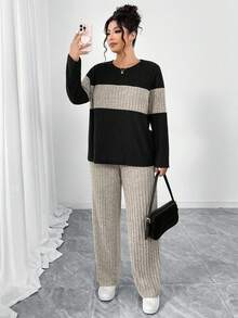 EMERY ROSE Bộ 2 món áo thun ôm dáng cổ tròn tay dài kẻ sọc màu cỡ lớn + quần ống rộng kẻ sọc, thanh lịch khi mặc ở nhà, đi chơi, hẹn hò, tiệc tùng - Nhiều màu - Xem 6