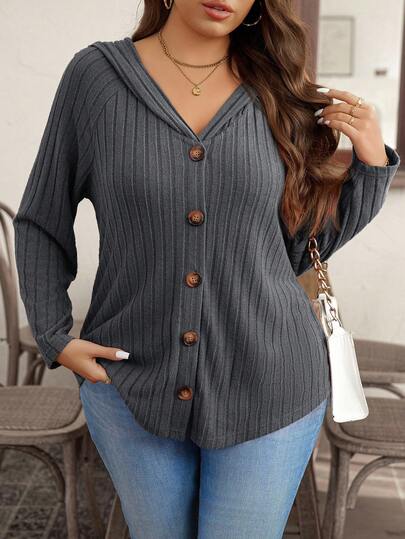 SHEIN LUNE Cárdigan con capucha acanalado de unicolor para mujer de talla grande