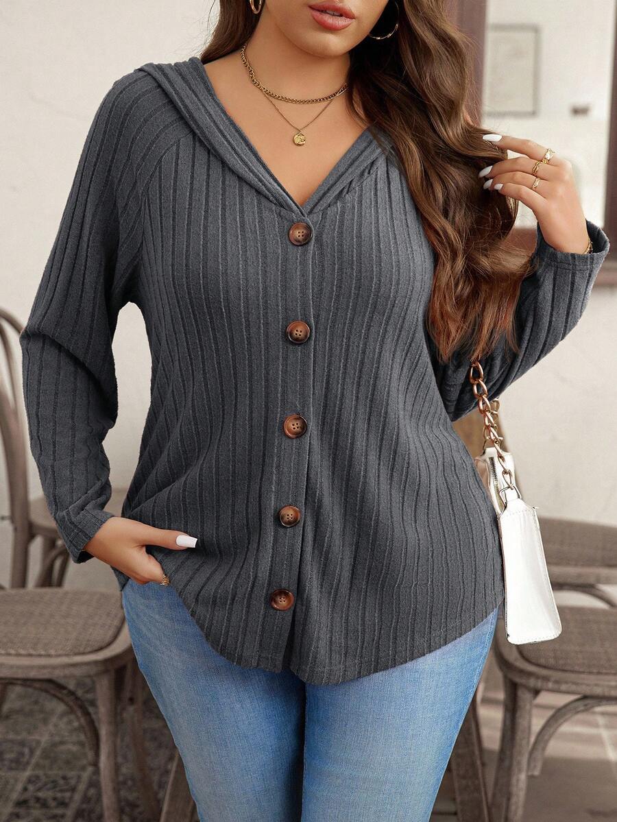 SHEIN LUNE 大码女式纯色罗纹连帽开衫 - 深灰色 - 查看 1