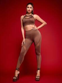 Menodora SHEIN Sport Women's Casual Sports Mesh Patchwork Jumpsuit - Brown - View 7