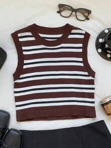 Comfortcana 条纹无袖休闲针织撞色毛衣背心 - 彩色 - 查看 6