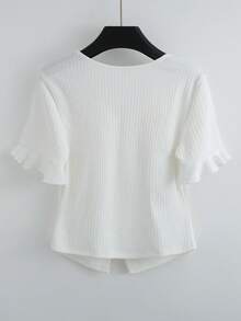 Franclia Spring/Summer New Simple Front Button Decor Hem Slit Ruffle Hem Short Sleeve T-Shirt - White - View 2