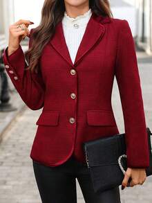 SHEIN Clasi 女士优雅红色粗花呢天鹅绒拼接领修身西装外套，适合派对穿着 - 紅色 - 查看 4