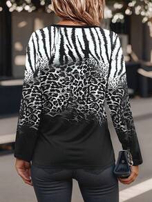 EMERY ROSE Women's Casual Animal Print Round Neck Long Sleeve T-Shirt, Autumn - Multicolor - View 2
