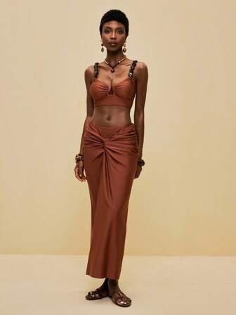 SHEIN Veneréa Conjunto de 3 piezas de bikini con cubierta de tela brillante de unicolor con decoración de cuentas y retorcido, para vacaciones en la playa