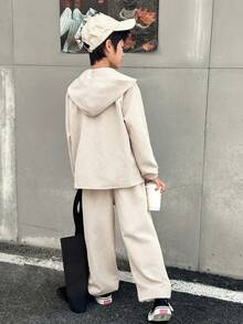 2pcs Kids/Tween Boys' Casual Patch Pocket Hooded Corduroy Zip-Up Jacket And Relaxed Fit Drawstring Waist Pants Set, Suitable For School, Garden, Beach, Birthday, Spring/Summer/Autumn/Winter