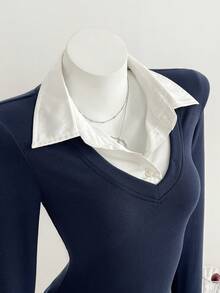 Flirla Women's Casual Fitted Knit Striped Shirt - Navy Blue - View 4