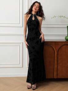 EastFlair 女士优雅水钻装饰鱼尾下摆钥匙孔领连衣裙，夏季 - 黑色 - 查看 2