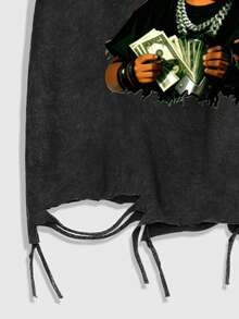 ROMWE MEN Street Life Men's Punk Letter & Figure Print Short Sleeve Casual Distressed T-Shirt - Black - View 4