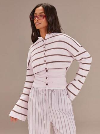 Athîral Women's Light Pink Striped Drop-Shoulder Long-Sleeved Button-Front Casual Cardigan, Comfortable And Soft Knit, Fitted Waist Design,Pink Sweater,Casual Women Outfits,Elegant Outfits Women,Valentine's Day Outfit,Casual Women Outfits,Home And Outdoor Wear