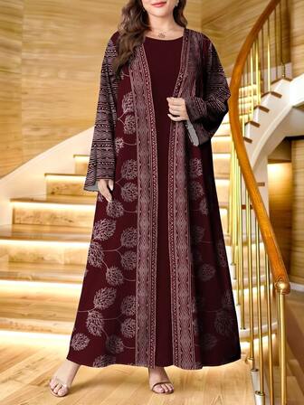 SHEIN Najma Plus Size Women Leaf & Diamond Pattern Digital Print Casual Long Sleeve Cardigan, Suitable For Spring & Autumn Abayas