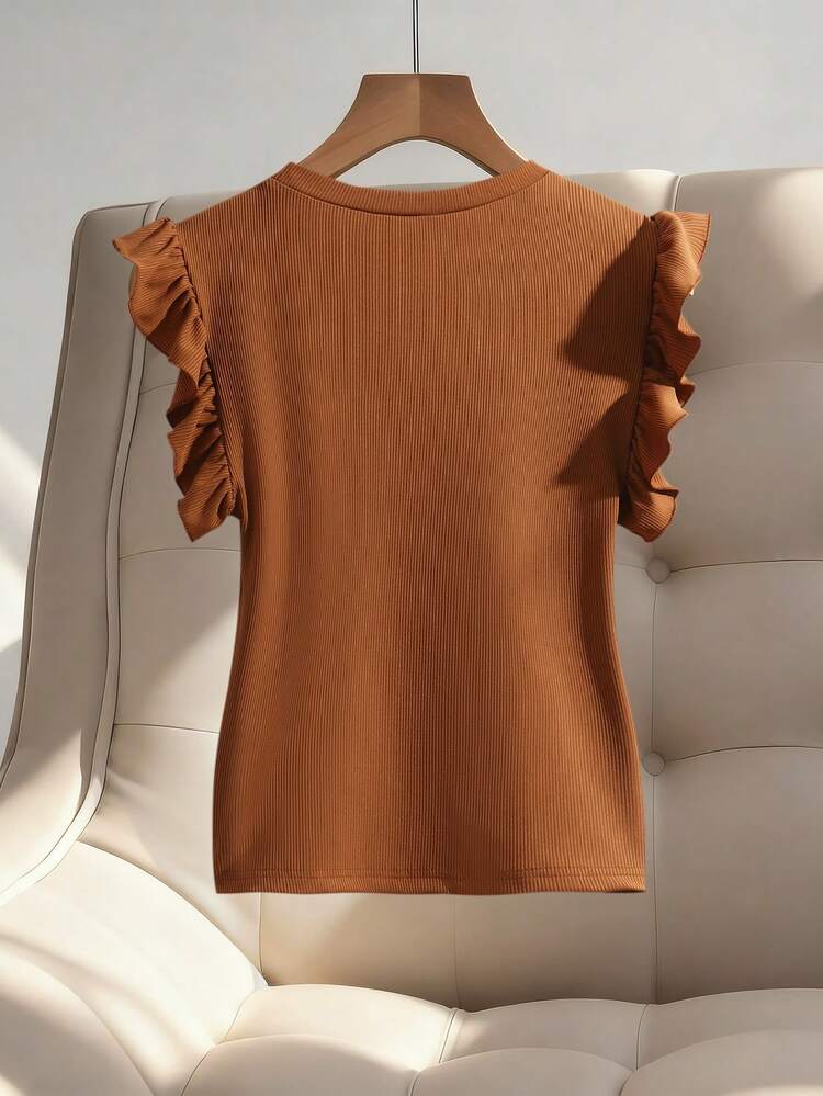 Ruffle Trim Round Neck Rib-knit Top