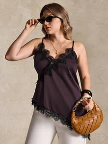 Elegantrix Plus Size Women Urban Casual Lace Asymmetric Hem V-Neck Patchwork Solid Color Cropped Camisole - Brown - View 3