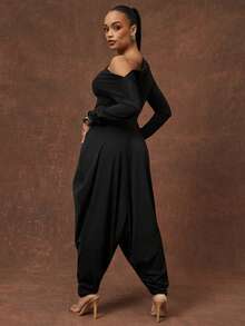Vixey Brushed Jersey Asymmetrical Off Shoulder Long Sleeve Harem Jumpsuit - Black - View 2