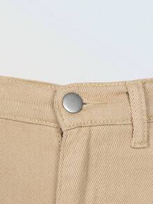 SHEIN ChillGRL Denimly Girls Casual Minimalist Academy Style Washed Denim Elastic Waist Zipper Hem Cropped Jeans - Khaki - View 7