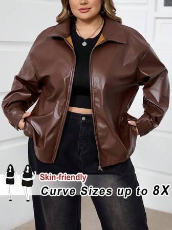 SHEIN CURVE+ Plus Size Women Black Long Sleeve PU Leather Jacket In Fall/Winter