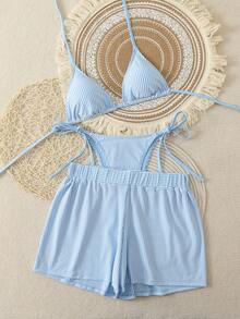 Swim Vcay 2026 Spring/Summer Blue Spaghetti Strap Halter Neck Blue & White Striped Textured Fabric Bikini 3 Pieces Set Summer Striped Shorts Set Summer Two Piece Set Beach Two Piece Set Striped Two Piece Set Striped Beach Set Two Piece Beach Set - Blue and White - View 1
