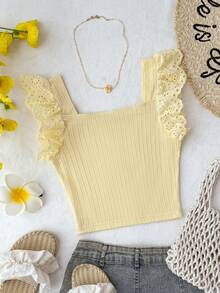 Tween Girls' Solid Light Yellow Casual Vacation Home Patchwork Embroidery Lace Trim Textured Knit Fitted Cropped Square Neck T-Shirt - Yellow - View 2