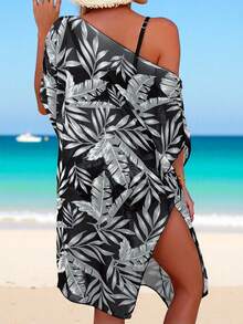 SHEIN Swim Vacation Beach Plant Print Tankini Swimsuit For Summer - Black and White - View 2