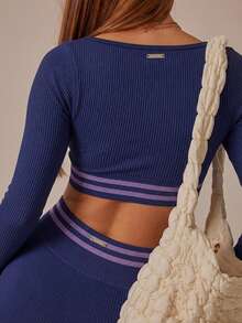 Aralina Leisurewear Seamfree Two Tone Ribbed Long Sleeve Ruched Front With Double Layer Tank Tipping Top And Legging Active Gym Workout Two Pieces Women Set - Navy Blue - View 11