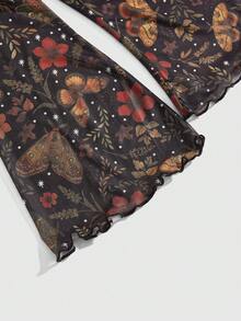 ROMWE Fairycore 可爱性感花卉蝴蝶印花薄纱低胸上衣，适合秋冬季穿着 - 棕色 - 查看 4