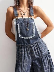 Bohemela 音乐节、假日、派对休闲牛仔拼接阔腿连体裤（女款） - 藍色 - 查看 4