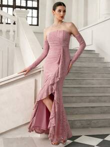 Elenzga Vestido elegante de encaje con ajuste ceñido y vibra de alta gama, adecuado para compromiso nupcial, banquete, escote corazón sin tirantes, abertura, mangas, color rosa - Rosa - Ver 1