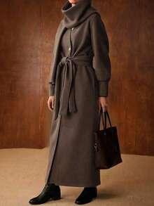 CLARA VERO Women's Long Coat With Draped Collar And With Shawl, Elegant And Warm Outerwear - Chocolate Brown - View 3